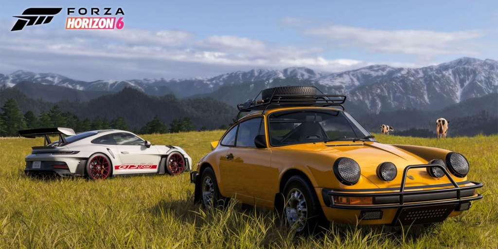 Porsche safari clássico ao lado de um moderno Porsche 911 GT3 RS em paisagem japonesa montanhosa de Forza Horizon 6