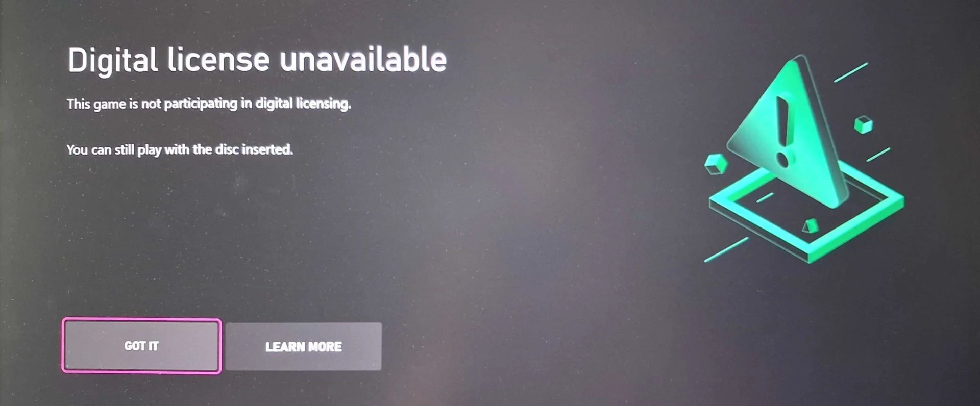 Tela de erro no console Xbox com a mensagem Digital license unavailable - This game is not participating in digital licensing
